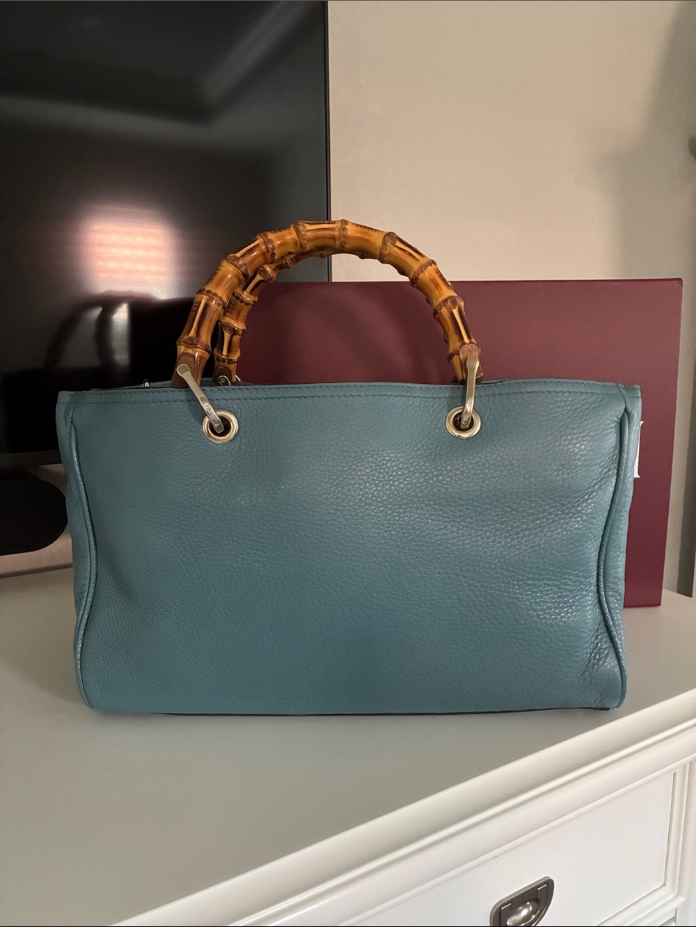 Gucci Light Blue Pebbled Leather Satchel with Bamboo Handles - Picture 2 of 16